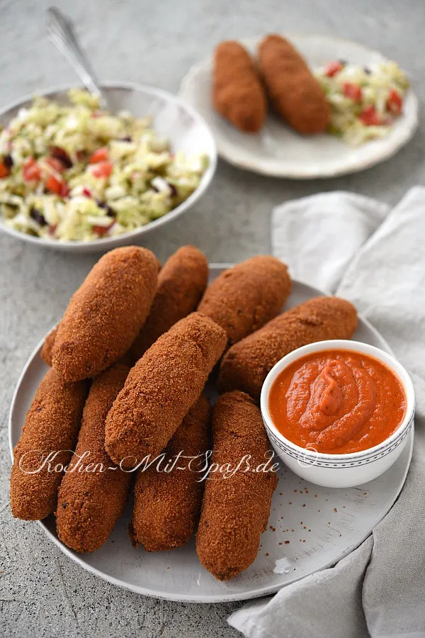 Kartoffelkroketten mit Möhren, Mais und Erbsen